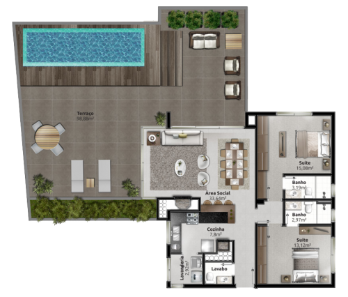 <h5>Ap. Garden</h5>
2 suítes | 2 vagas c/ depósito | 157,44 M² Privativos (final 01)

2 suítes | 2 vagas c/ depósito | 208,52 M² Privativos (final 02)