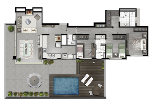 <h5>Ap. Garden</h5>
3 suítes (2 americanas) |201,21m² privativos, 86,42m² de terraço, 329,88m² de área total (ap. 202).
