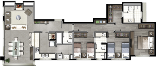 <h5>Ap. 3 dormitórios</h5>
3 suítes |2 vagas | 116,07m² privativos (final 02).